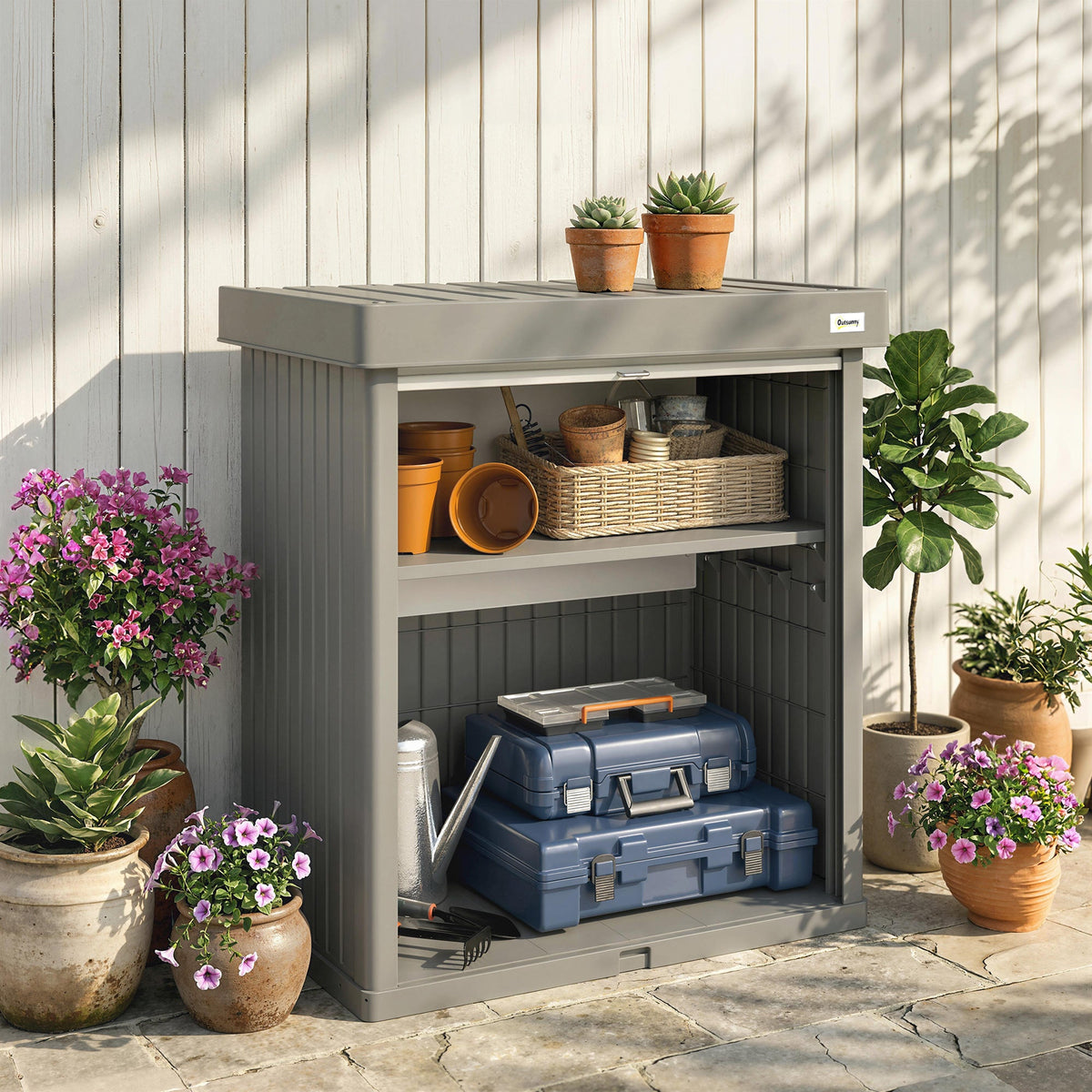 82 Gallon Outdoor Storage Box with Roll-Up Door and Removable Shelf, Grey — product view 4