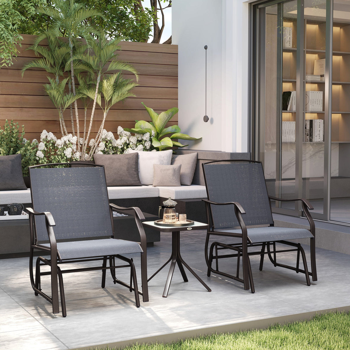 3 Piece Outdoor Glider Chair with Coffee Table Bistro Set, Gray — product view 3