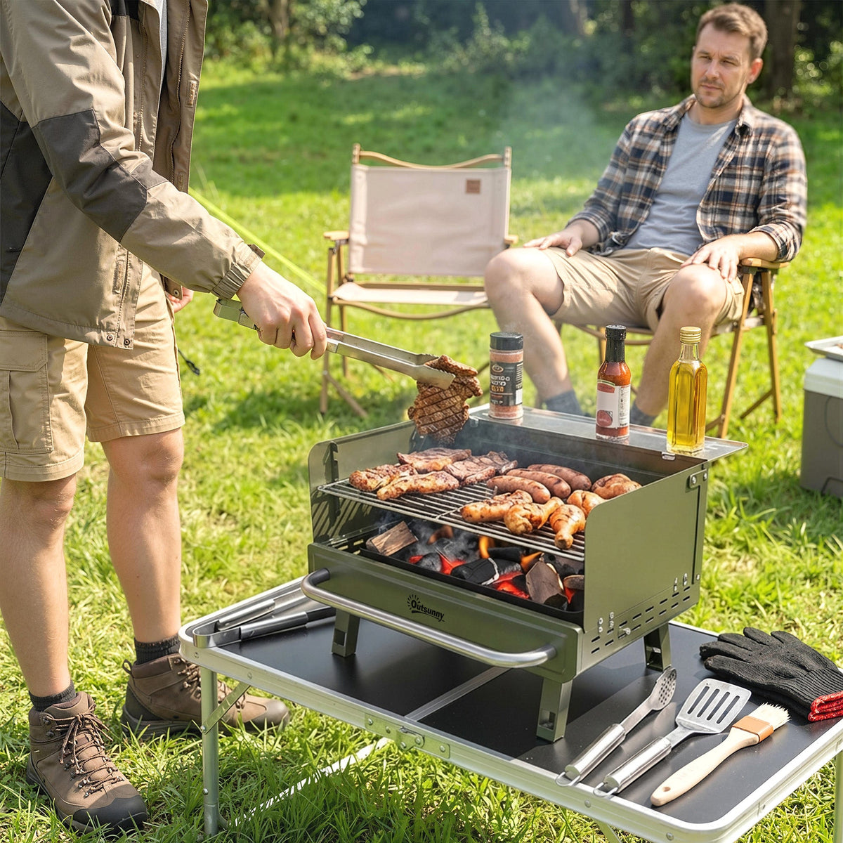 Portable Charcoal BBQ Grill with Adjustable Grates and Side Shelf, Green — product view 4