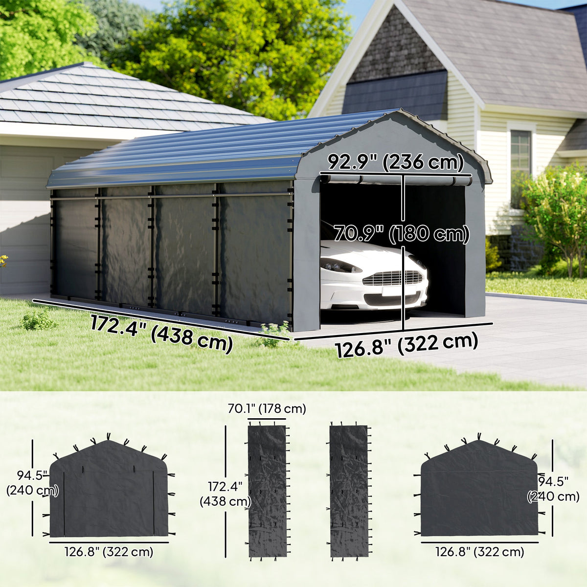 Carport Sidewalls with Roll-Up Door for 10' x 15' Structure, UPF50+ Waterproof PE Tarp, Dark Grey — product view 5