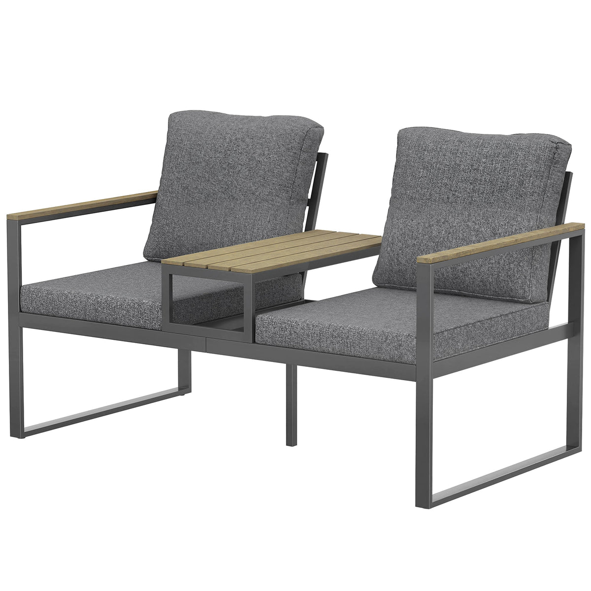 2-Seat Outdoor Garden Bench with Center Table and Thick Cushions, Light Grey — product view 2