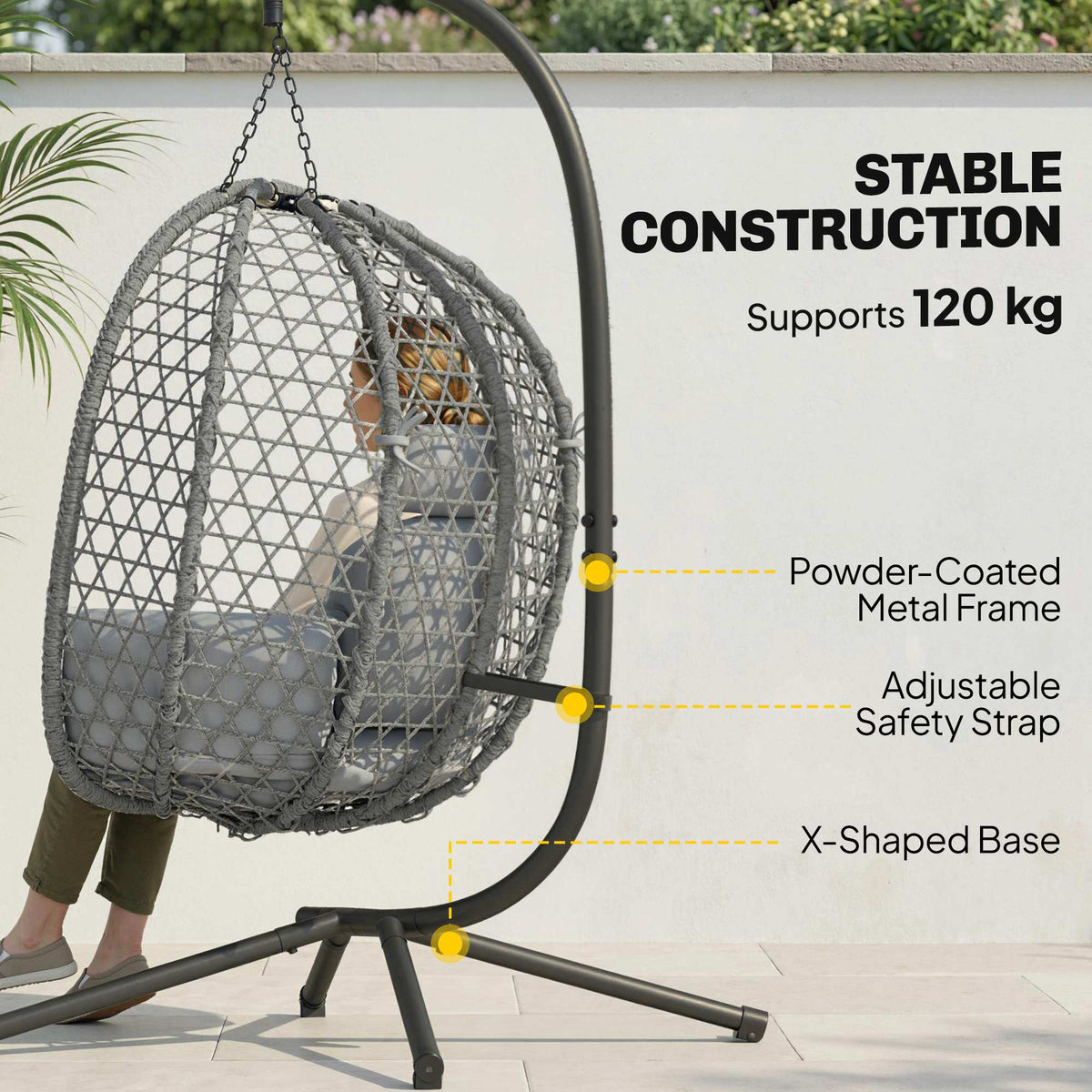 Hanging Egg Chair, Rattan with Stand, Safety Strap & Foldable Basket, Dark Grey — product view 6