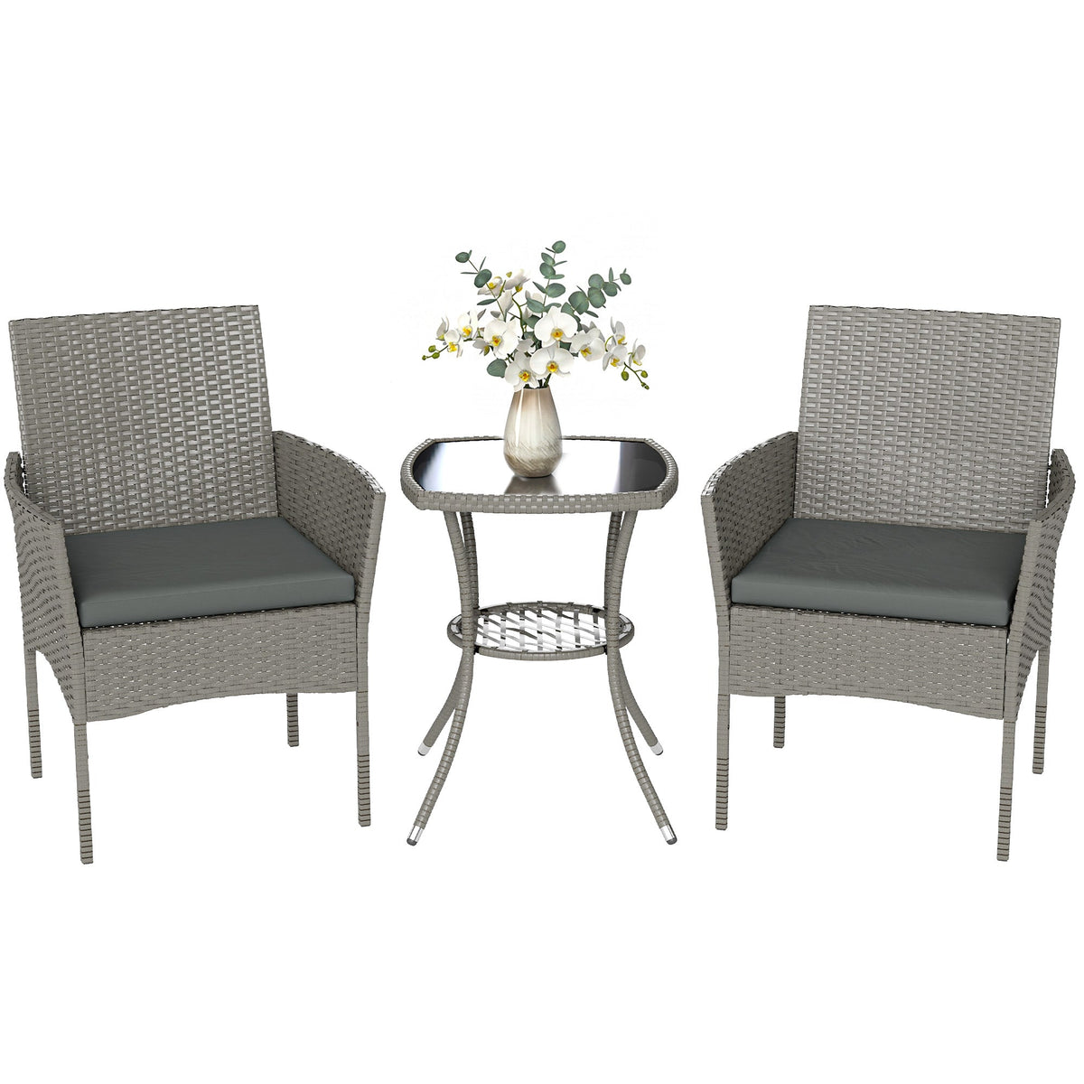3-Piece PE Rattan Bistro Set with Glass-Top Table & Cushions, Dark Grey — product view 1