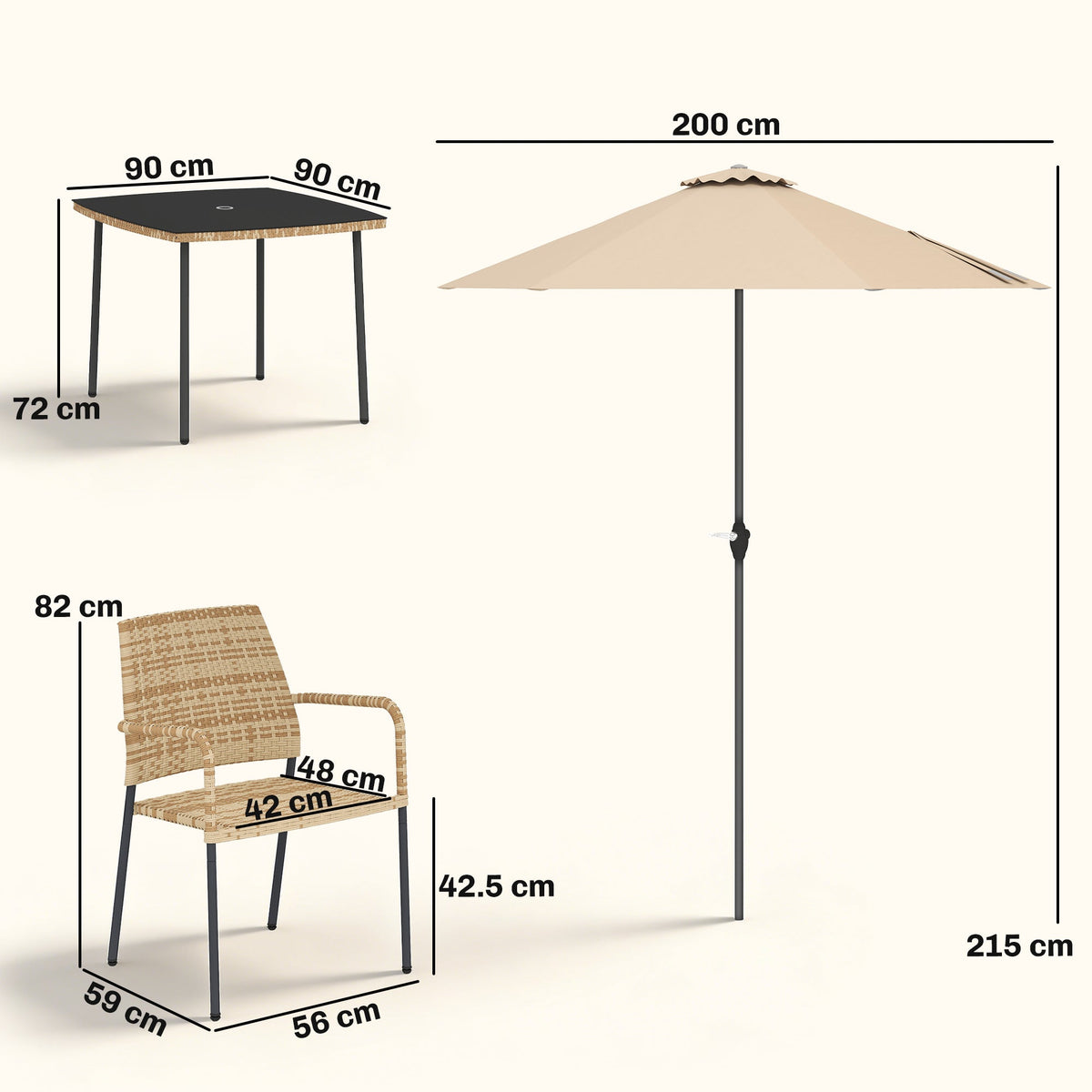 4-Seater Light Brown Rattan Dining Set with Parasol, Glass Top & Stacking Chairs — product view 5