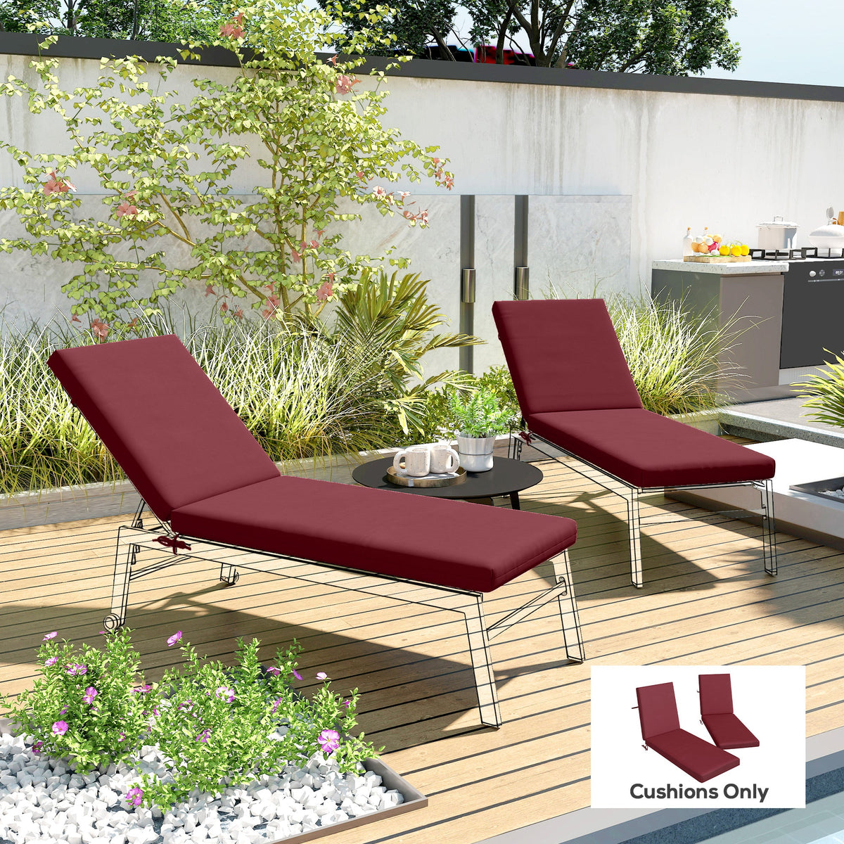 2pc Patio Chair Cushion Set with Ties for Indoor or Outdoor, Wine Red — product view 3