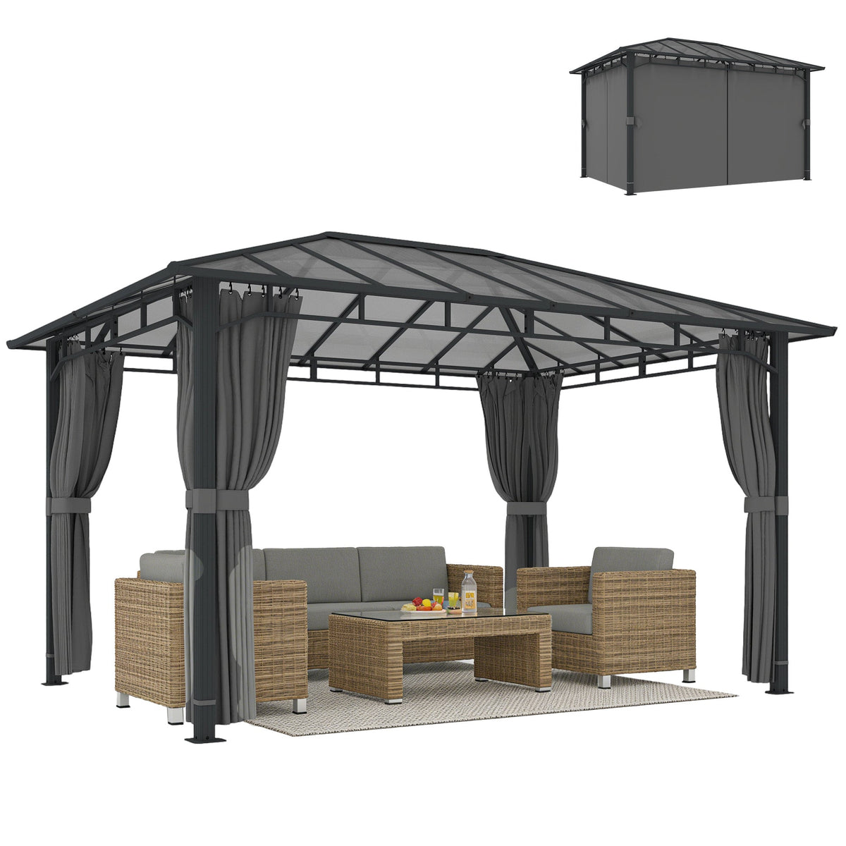 3 x 4 m Hardtop Gazebo with Polycarbonate Roof and Curtains, Dark Grey — product view 1