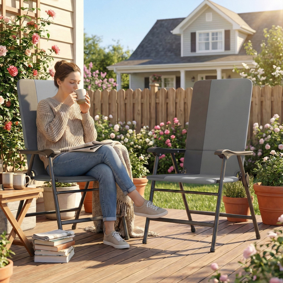 2 Piece Folding Patio Chairs with High Back and Armrests, Light Gray — product view 4