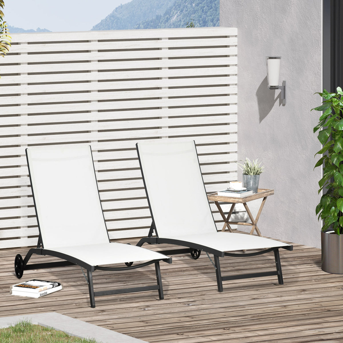 Set of 2 Outdoor Lounge Chairs with Wheels and Mesh Seat, Cream White — product view 3