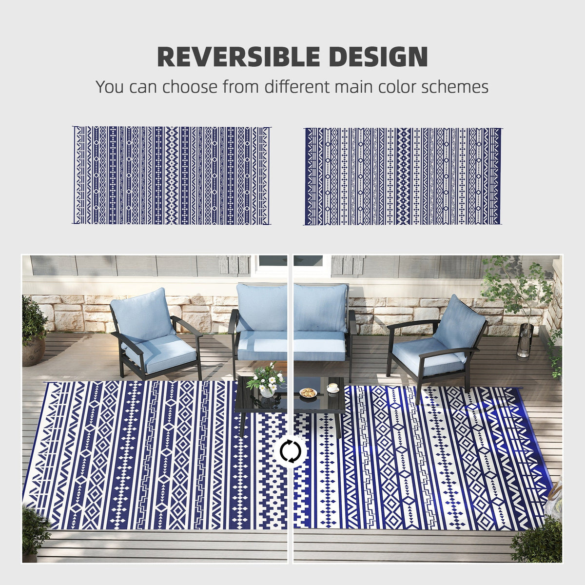 9' x 18' Reversible Outdoor Rug, Blue White Geometric — product view 6