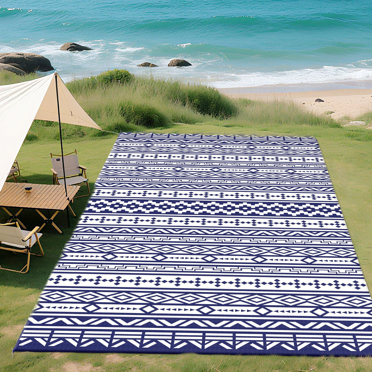 9' x 18' Reversible Outdoor Rug, Blue White Geometric — product view 2