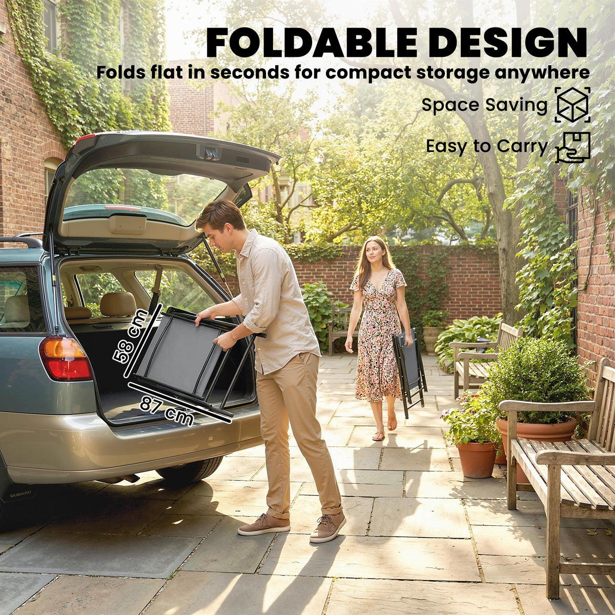Set of 2 Folding Garden Chairs with High Back and Armrests, Light Grey — product view 7