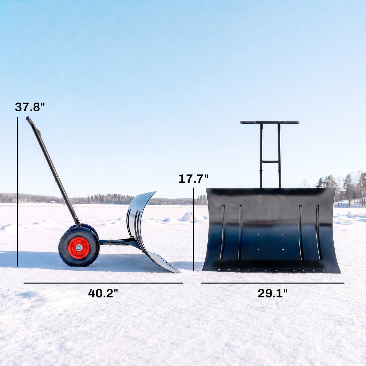 29" x 18" Heavy Duty Metal Snow Pusher with Wheels, 5-Level Adjustable Handle, Black — product view 5