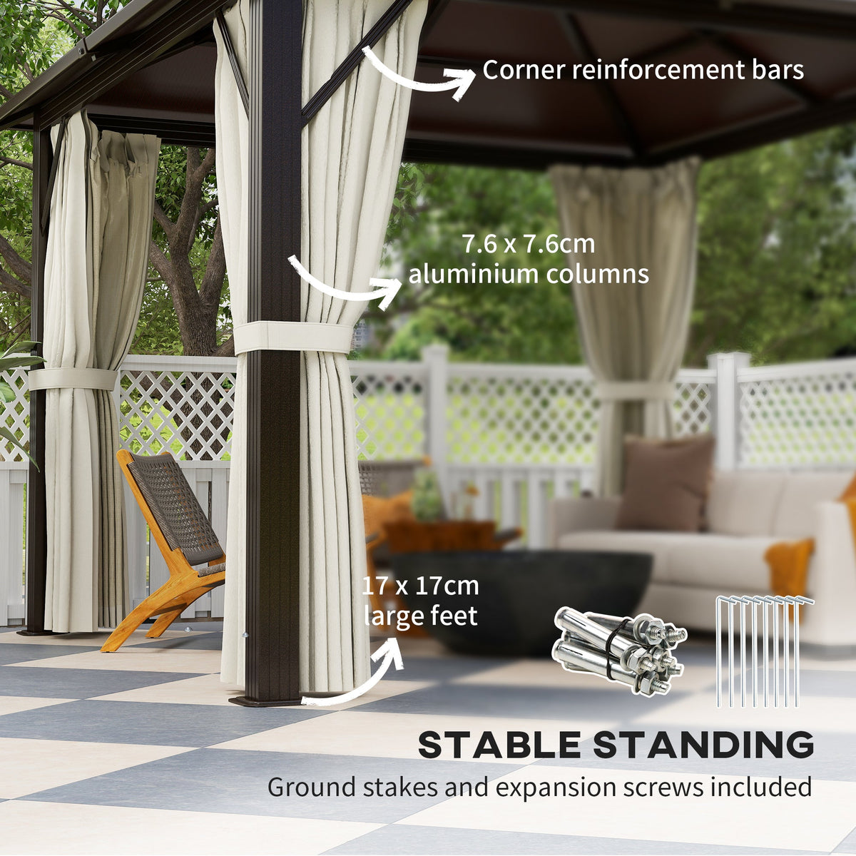 3 x 3m Hardtop Gazebo with Double Polycarbonate Roof, Curtains & Netting, Beige — product view 7