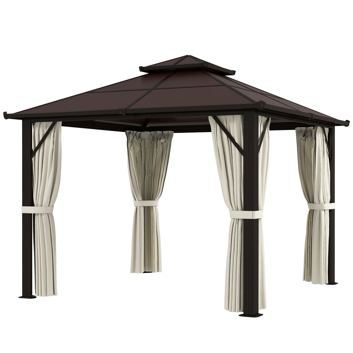 3 x 3m Hardtop Gazebo with Double Polycarbonate Roof, Curtains & Netting, Beige — product view 2
