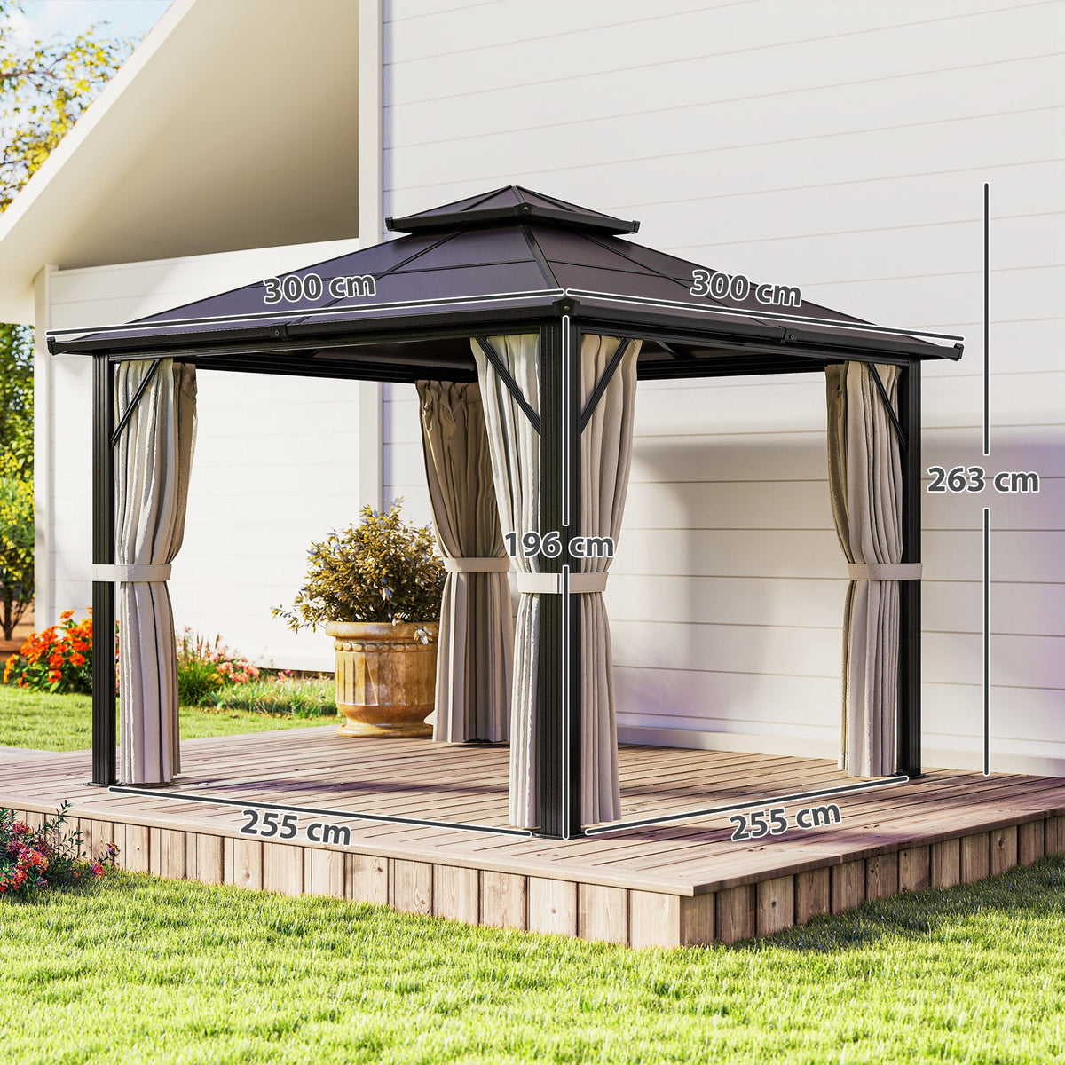 3 x 3m Hardtop Gazebo with Double Polycarbonate Roof, Curtains & Netting, Beige — product view 5