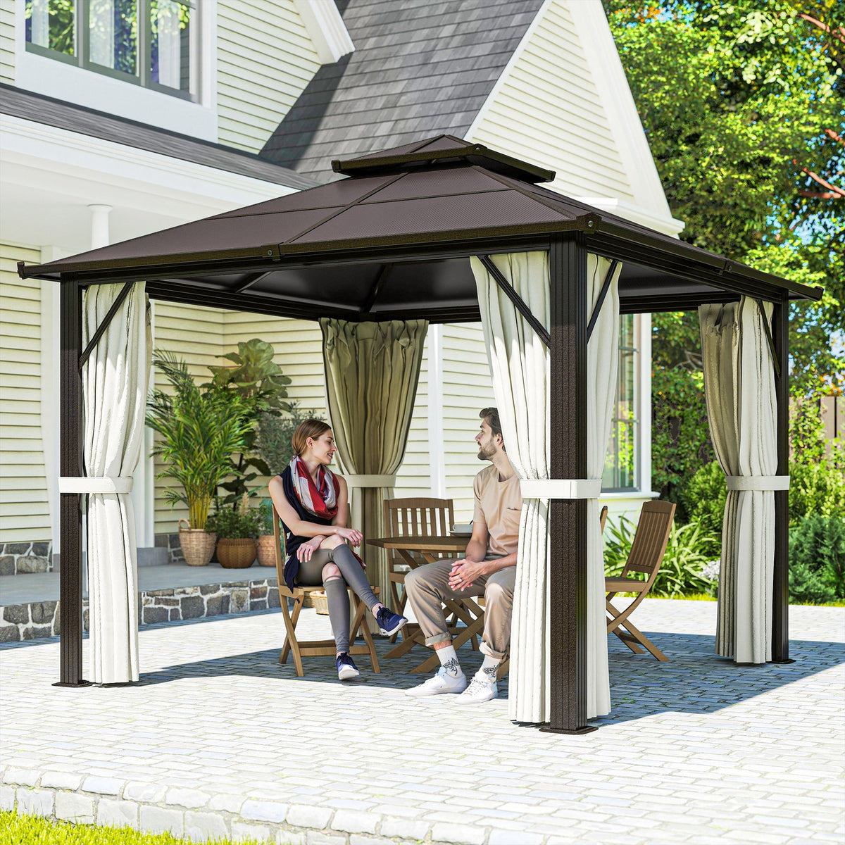 3 x 3m Hardtop Gazebo with Double Polycarbonate Roof, Curtains & Netting, Beige — product view 3