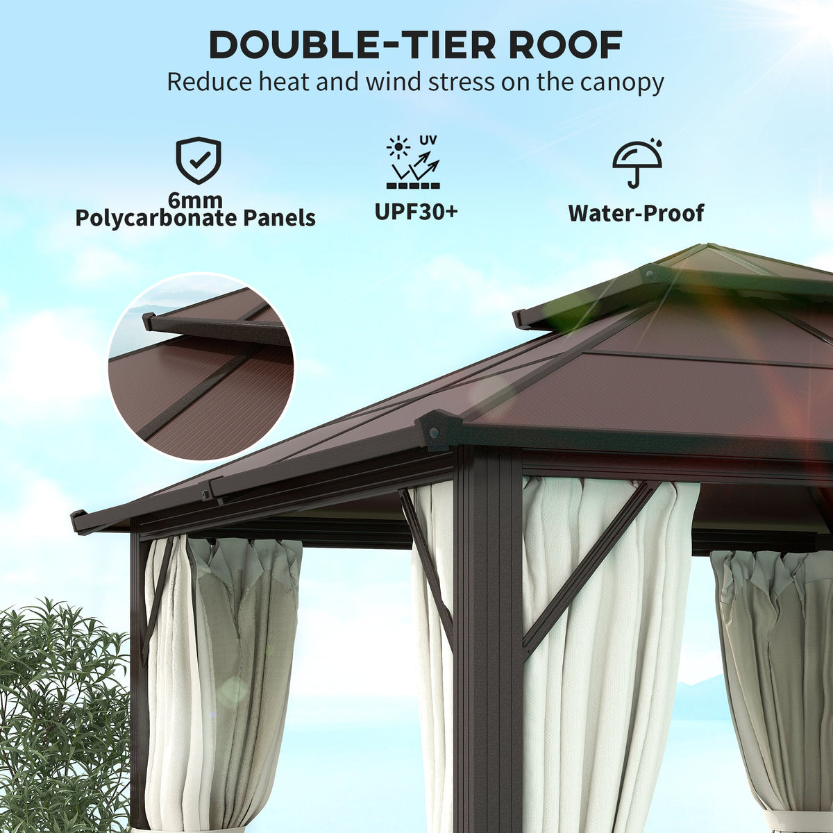 3 x 3m Hardtop Gazebo with Double Polycarbonate Roof, Curtains & Netting, Beige — product view 6