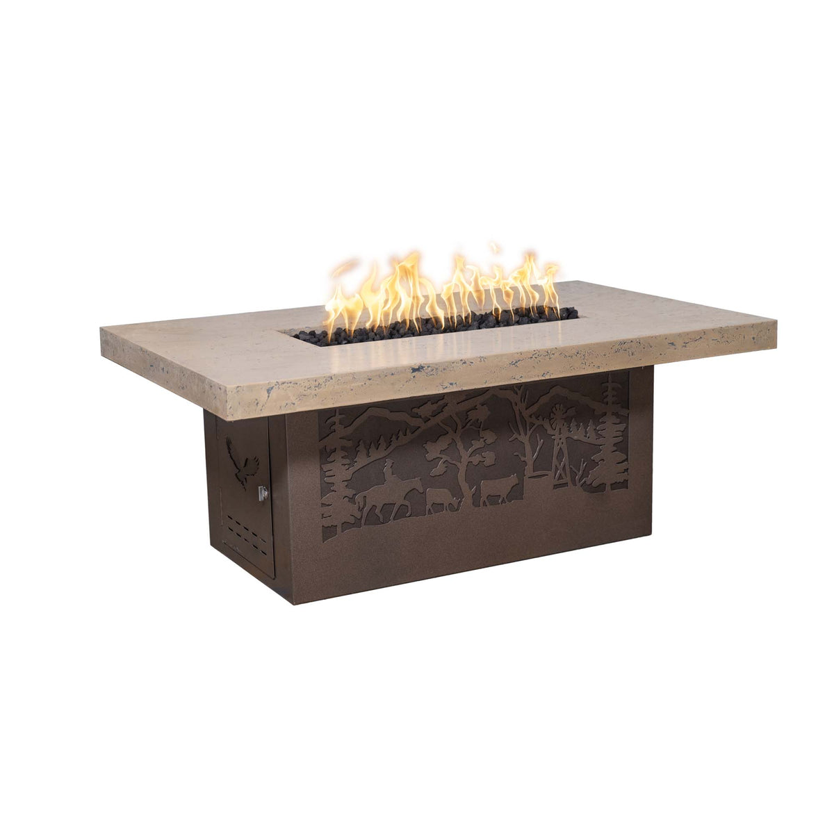 The Outdoor Plus - Rectangle Outback Fire Pit - Cattle Ranch Design - Concrete Top &amp; Powder Coated Base