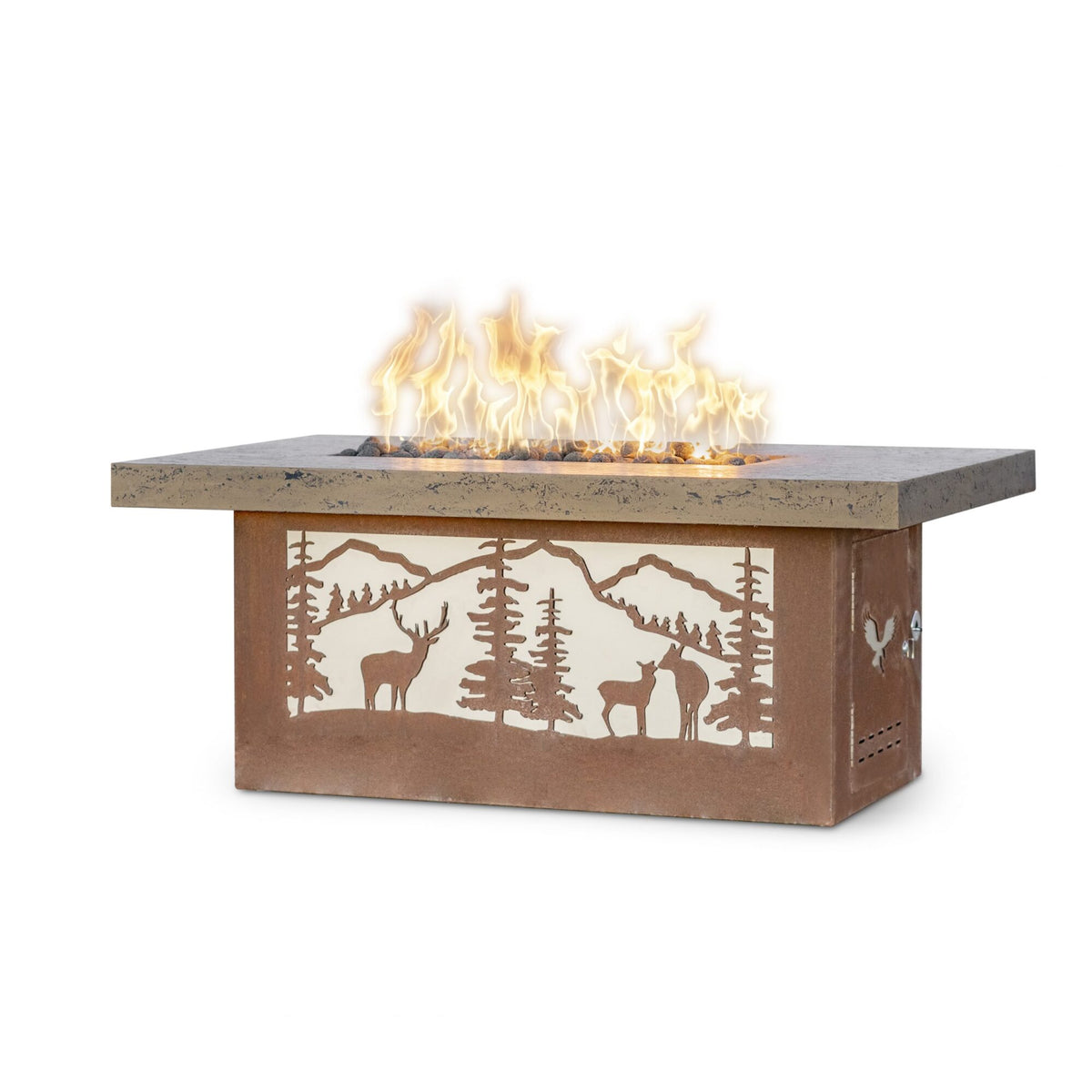 The Outdoor Plus - Rectangle Outback Fire Pit - Deer Country Design - Concrete Top &amp; Powder Coated Base
