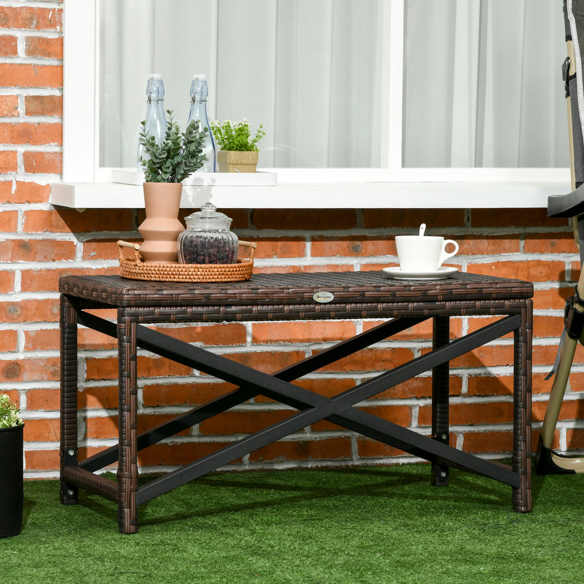Outdoor PE Rattan Side Table with Plastic Board for Patio, Balcony, Mixed Brown — product view 3