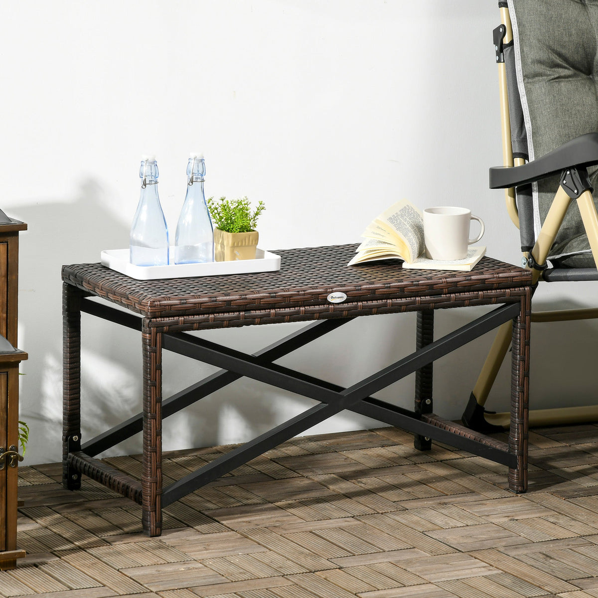 Outdoor PE Rattan Side Table with Plastic Board for Patio, Balcony, Mixed Brown — product view 4