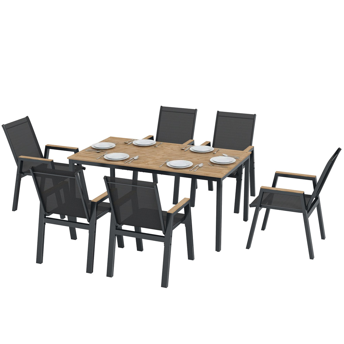 7-Piece Outdoor Dining Set with Slatted Rectangle Table and 6 Mesh Chairs, Black — product view 2