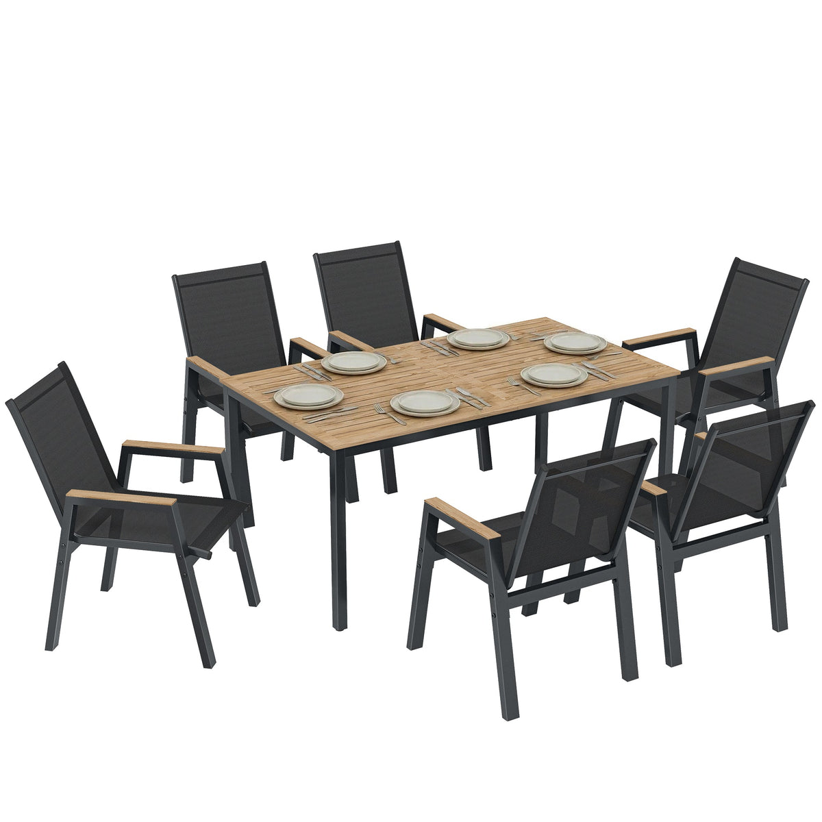 7-Piece Outdoor Dining Set with Slatted Rectangle Table and 6 Mesh Chairs, Black — product view 1