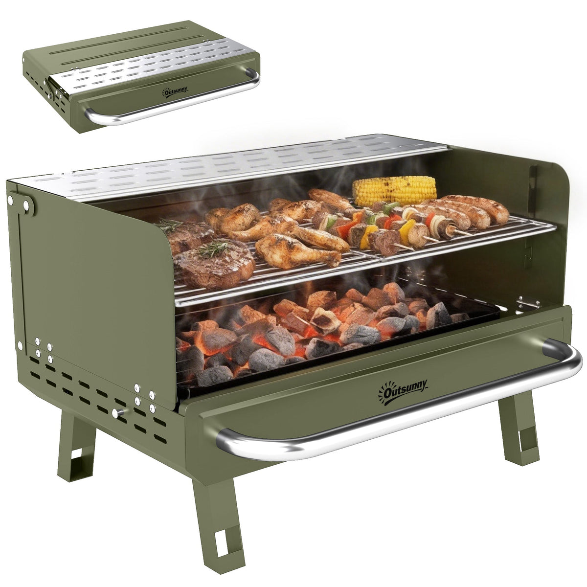 Portable Charcoal BBQ Grill with Adjustable Grates and Side Shelf, Green — product view 1