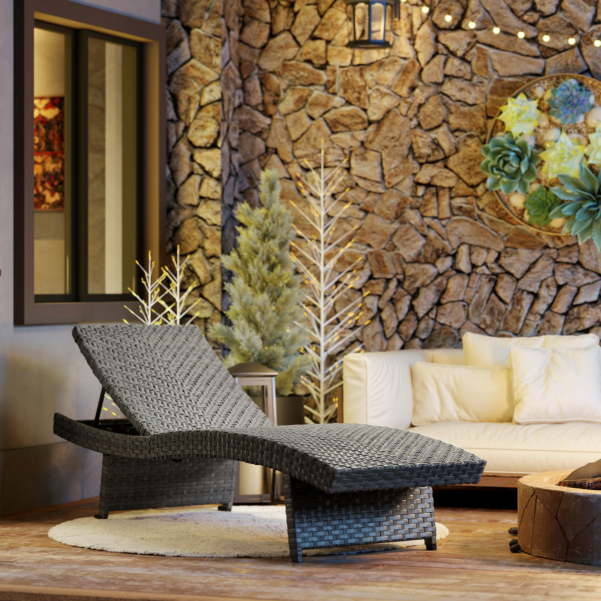 Folding PE Rattan Sun Lounger with Wheels & Adjustable Backrest, Mixed Grey — product view 4