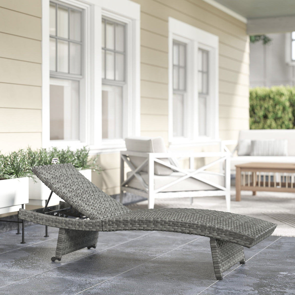 Folding PE Rattan Sun Lounger with Wheels & Adjustable Backrest, Mixed Grey — product view 3