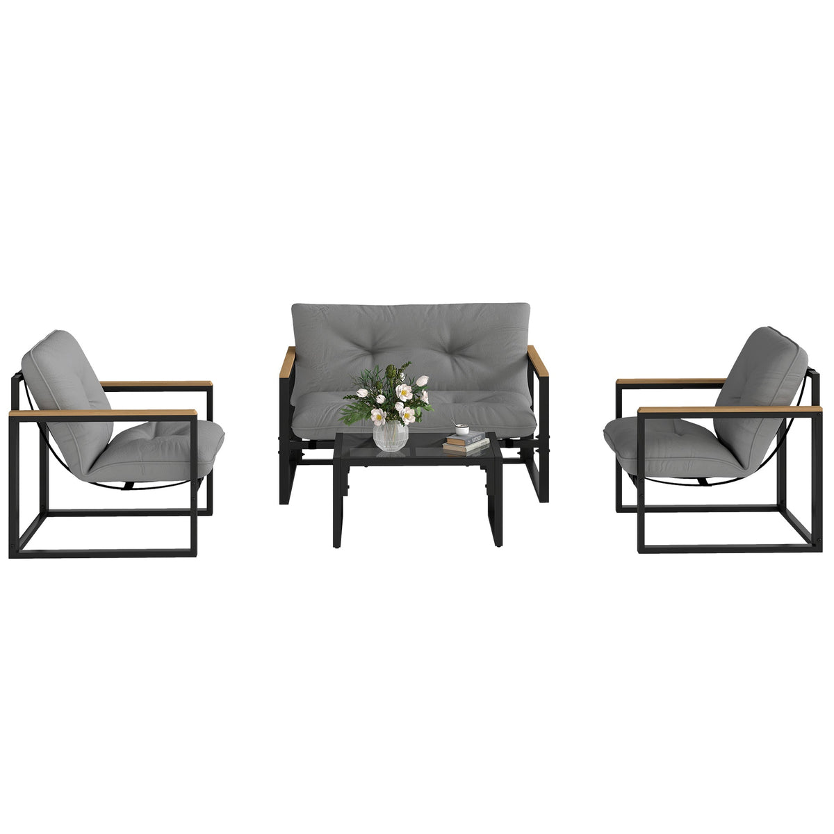 4 Piece Patio Furniture Set with Loveseat, Coffee Table and Thick Cushions, Light Grey — product view 2