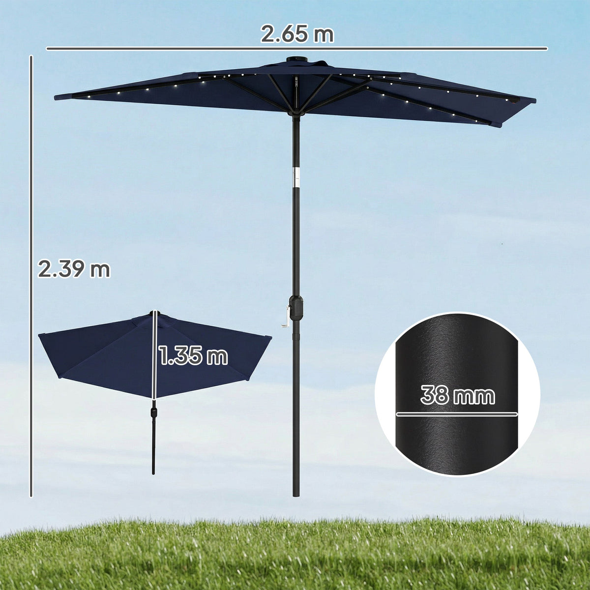 2.6 m Half Garden Parasol with Solar LED Lights and Tilt, Dark Blue — product view 5