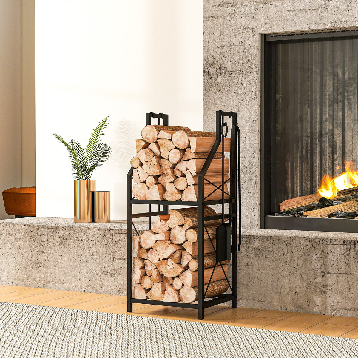13 in 2-Tier Firewood Log Rack with Hooks & 4 Fireplace Tools, Black — product view 3