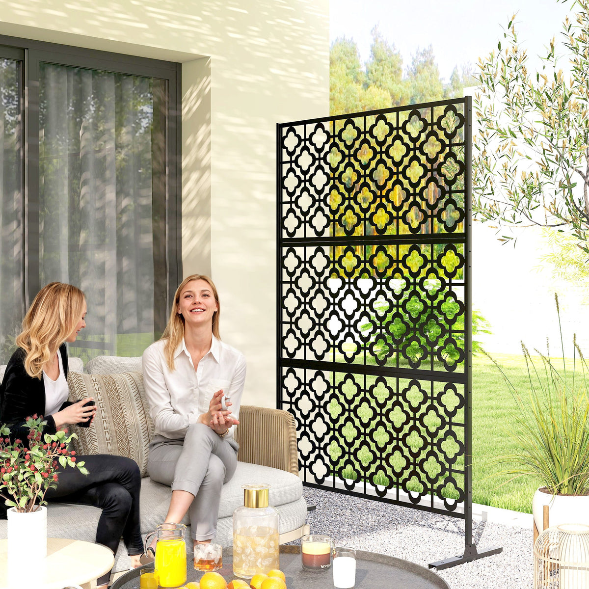 78" x 48" Metal Outdoor Privacy Screen, Quatrefoil Design, Black — product view 3