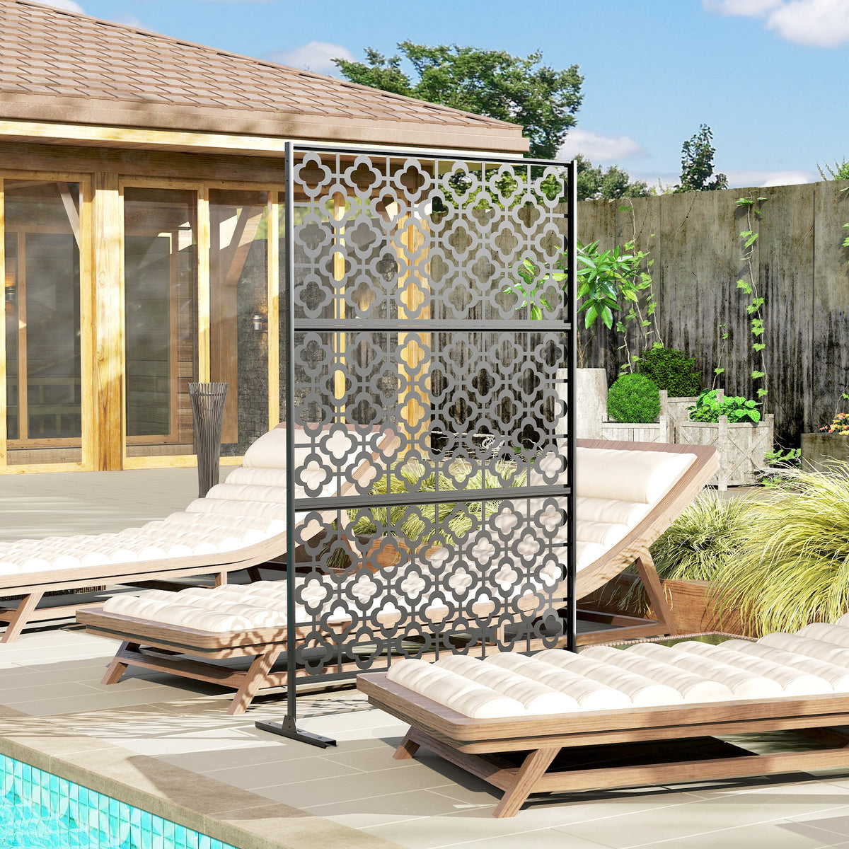 78" x 48" Metal Outdoor Privacy Screen, Quatrefoil Design, Black — product view 4