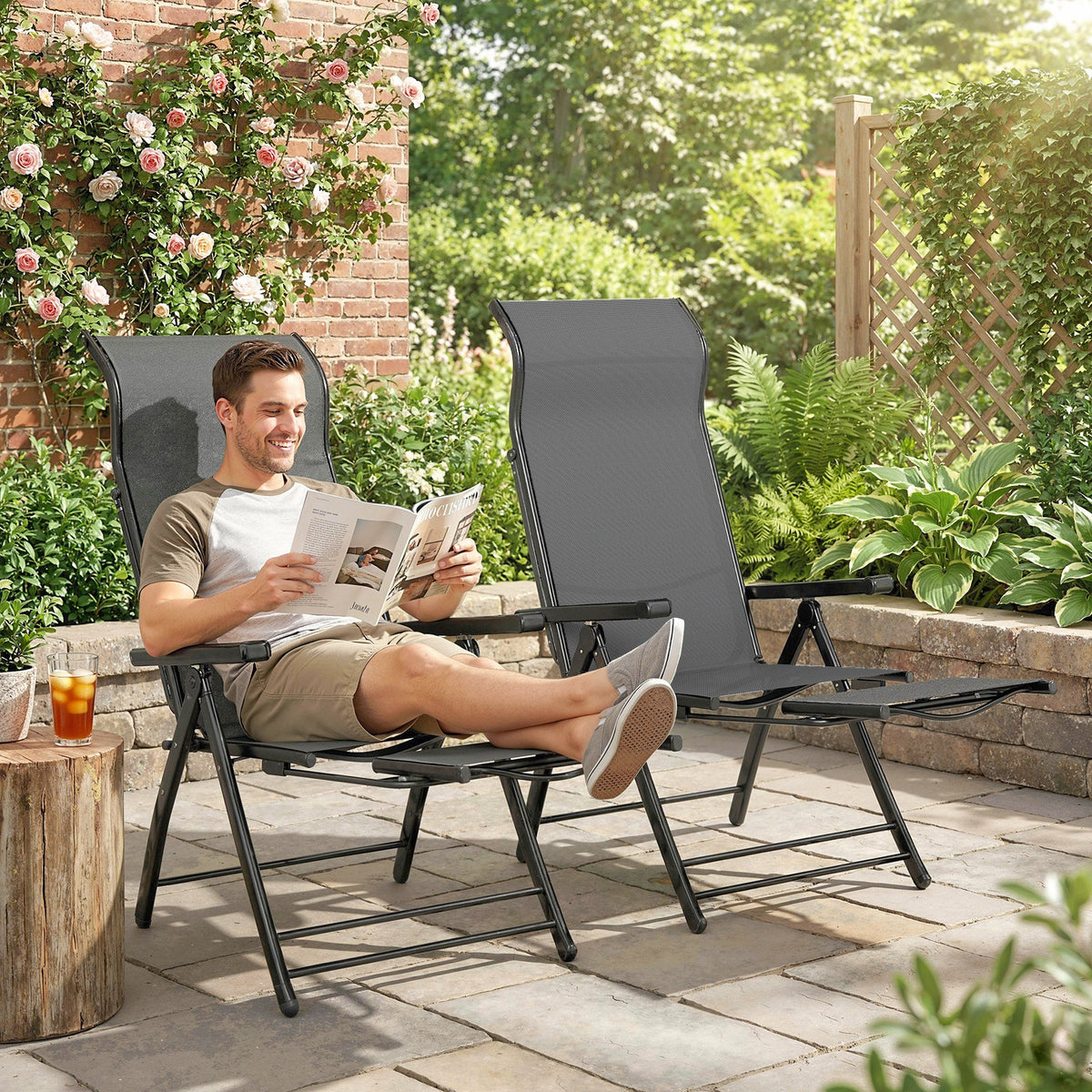 Set of 2 Folding Patio Chairs with Footrest and 5-Position Recline, Dark Grey — product view 3