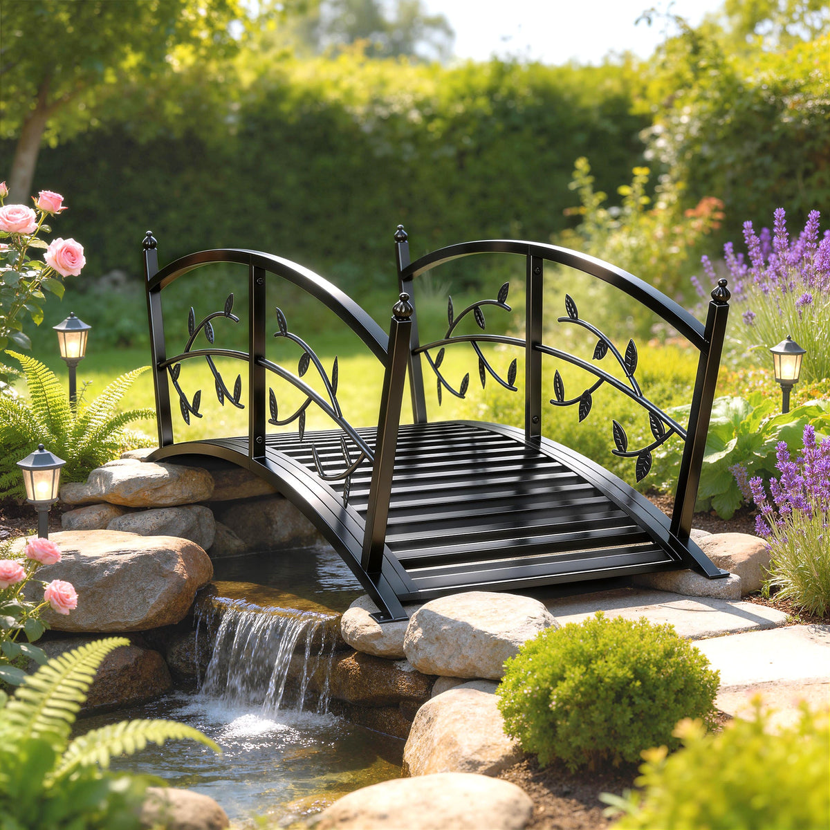 1.2M Metal Garden Bridge with Safety Railings, Black — product view 3
