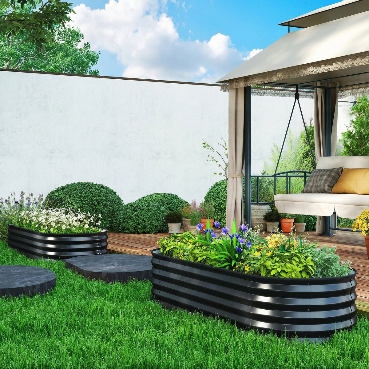 Set of 2 Galvanised Raised Beds with Stakes, 150 x 60 x 30 cm, Dark Grey — product view 4