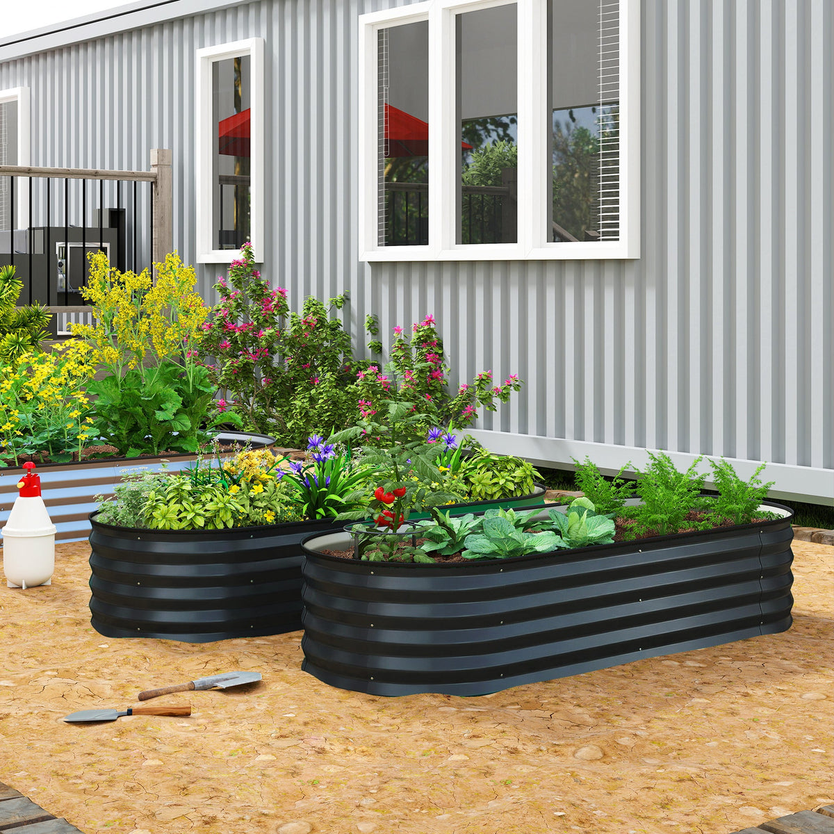 Set of 2 Galvanised Raised Beds with Stakes, 150 x 60 x 30 cm, Dark Grey — product view 3