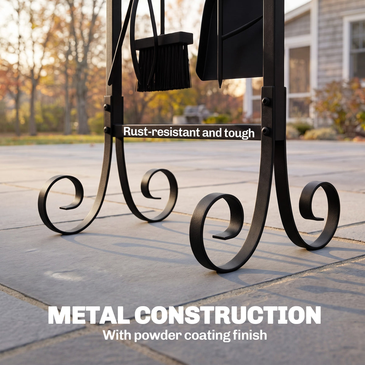 5-Piece Fireplace Tool Set with Brush, Shovel, Poker, Tongs & Stand, Black Metal — product view 7