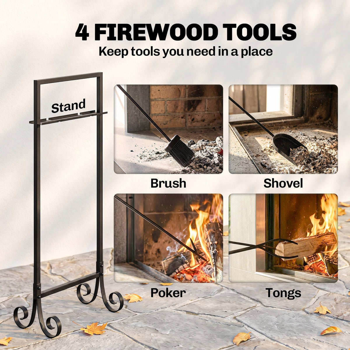 5-Piece Fireplace Tool Set with Brush, Shovel, Poker, Tongs & Stand, Black Metal — product view 6