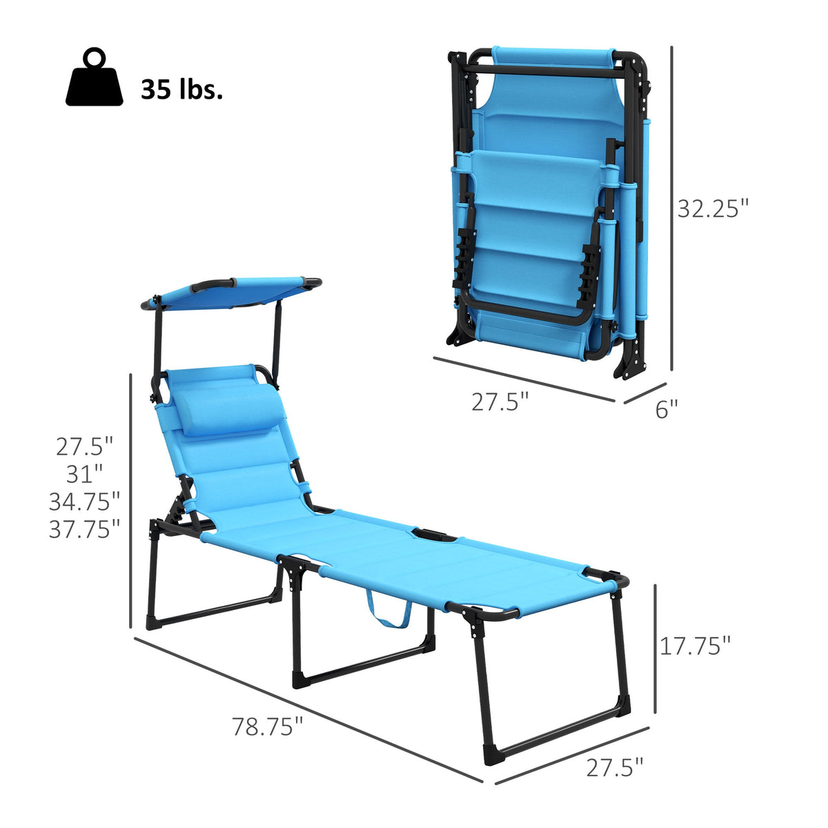 2-Piece Outdoor Lounge Chairs with Sunshade and Pillow, Light Blue — product view 5