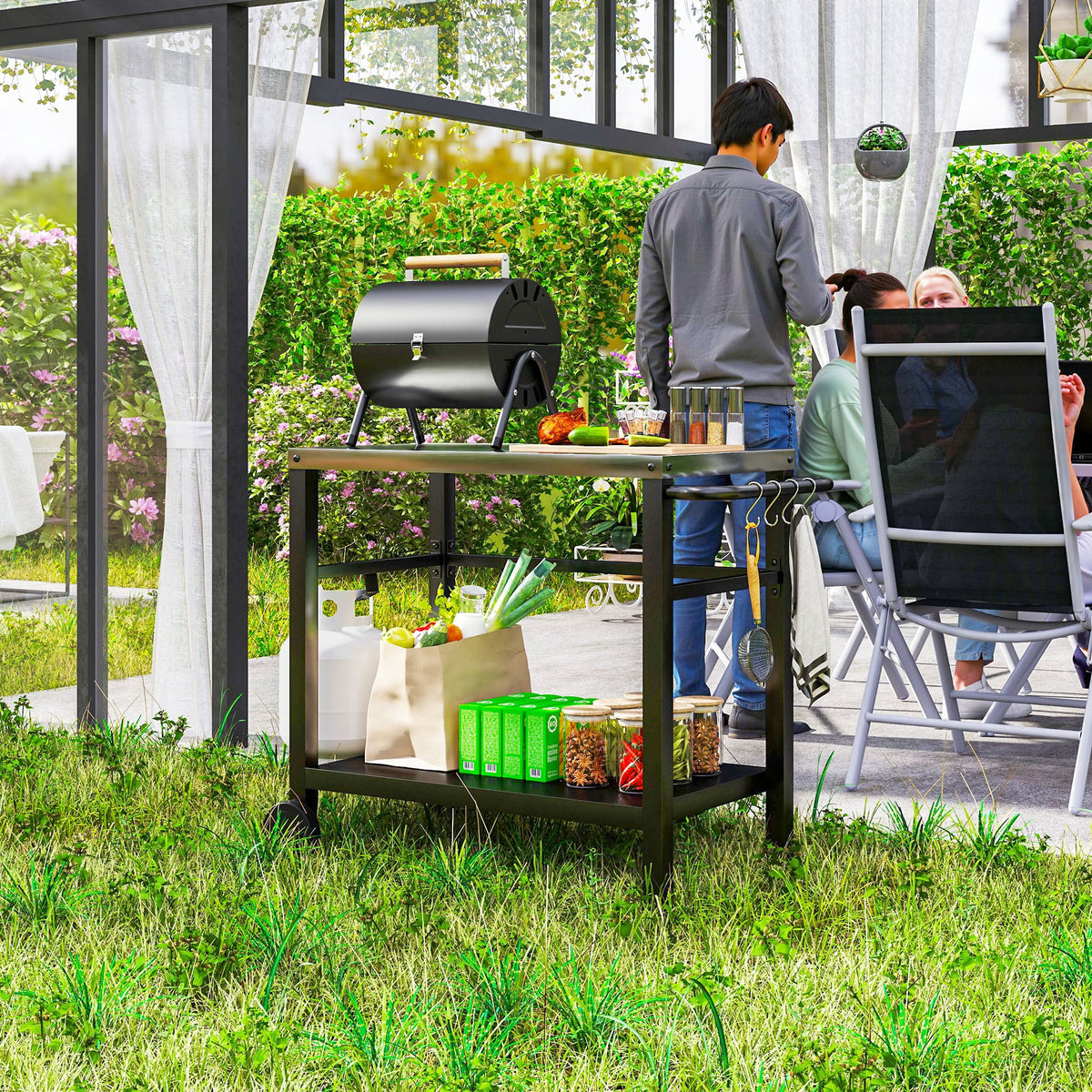 Outdoor Grill Cart with Stainless Steel Top, 2 Shelves and Wheels, Charcoal Grey — product view 4