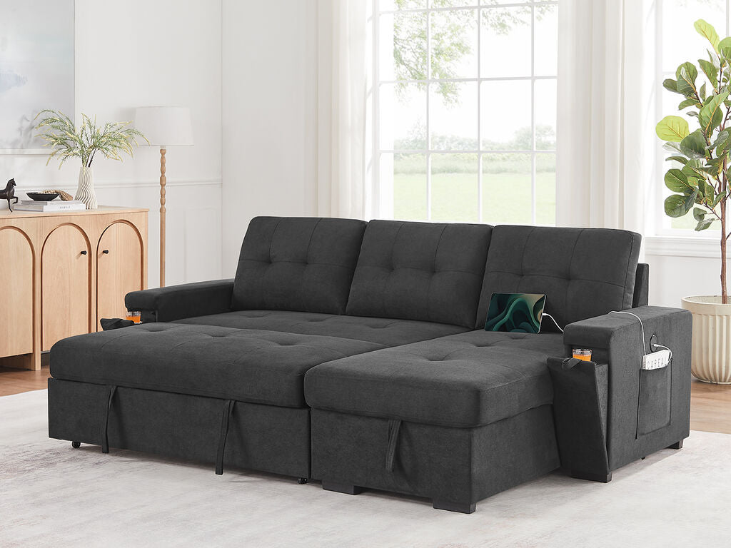 Lilola Home Toby Black Woven Fabric Convertible Sectional Sofa with Pop-Up Sleeper, Storage Chaise & USB Charging – V81395BK — product view 7