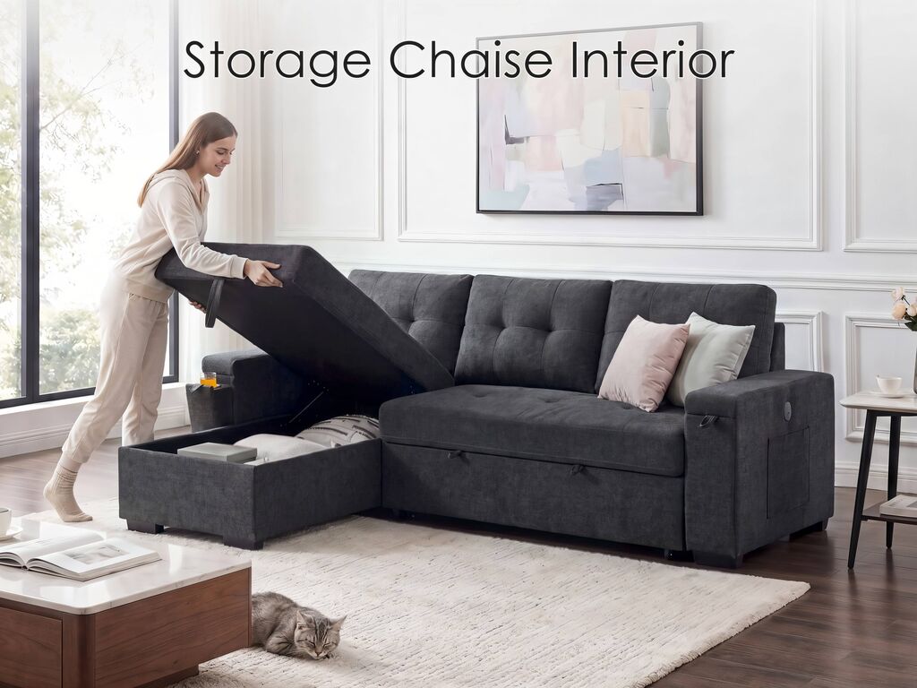 Lilola Home Toby Black Woven Fabric Convertible Sectional Sofa with Pop-Up Sleeper, Storage Chaise & USB Charging – V81395BK — product view 2