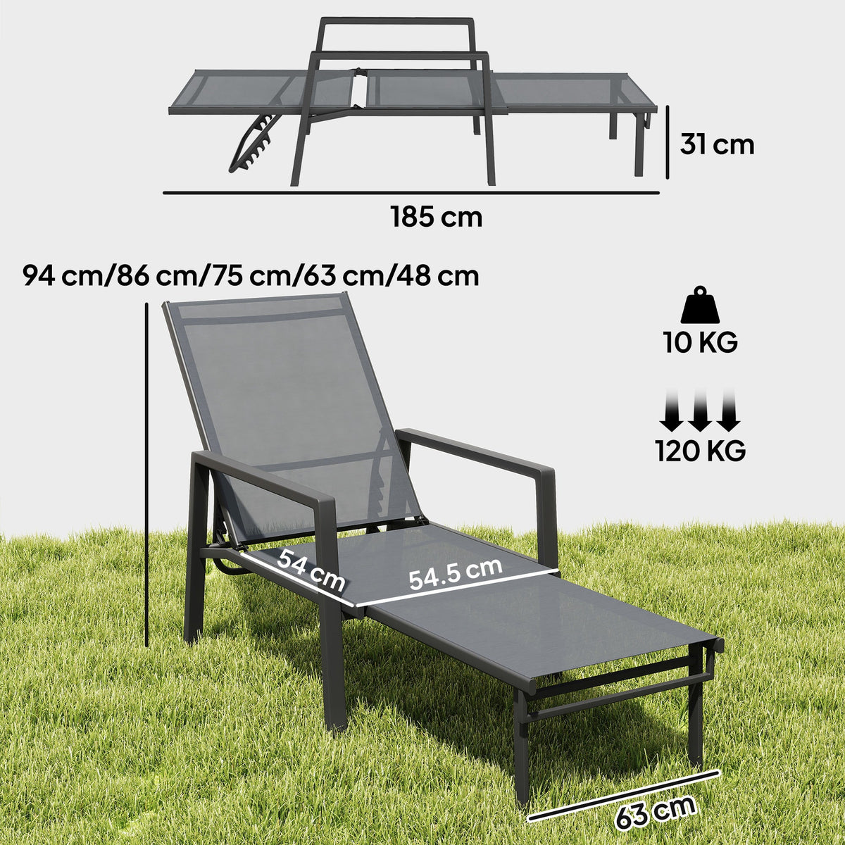 Set of 2 Sun Loungers, 5-Position Recline with Retractable Footrests, Dark Grey — product view 5