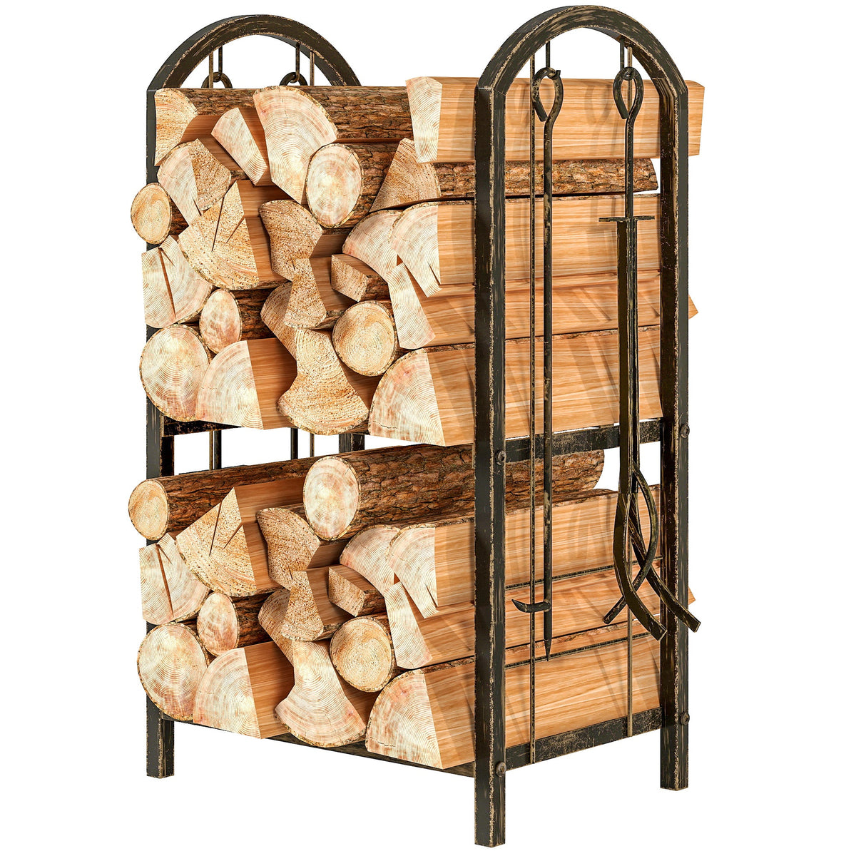 2-Tier Firewood Rack with 4 Fireplace Tools & Hooks, 220 lb Capacity, Coffee Brown — product view 2