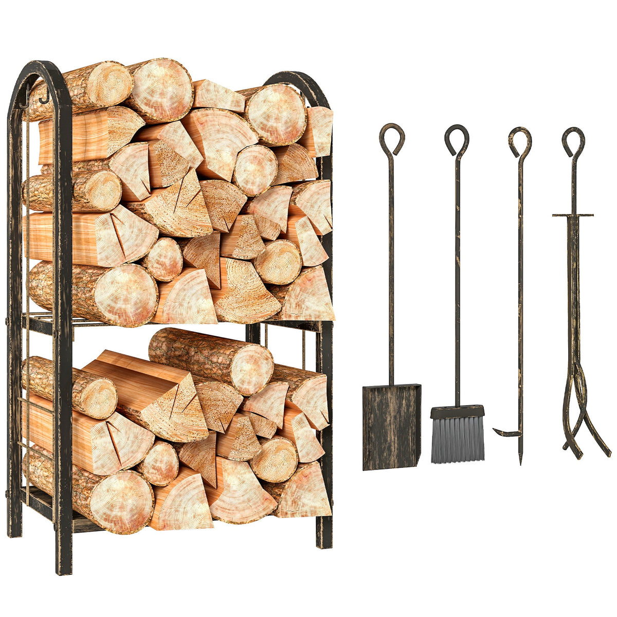 2-Tier Firewood Rack with 4 Fireplace Tools & Hooks, 220 lb Capacity, Coffee Brown — product view 1