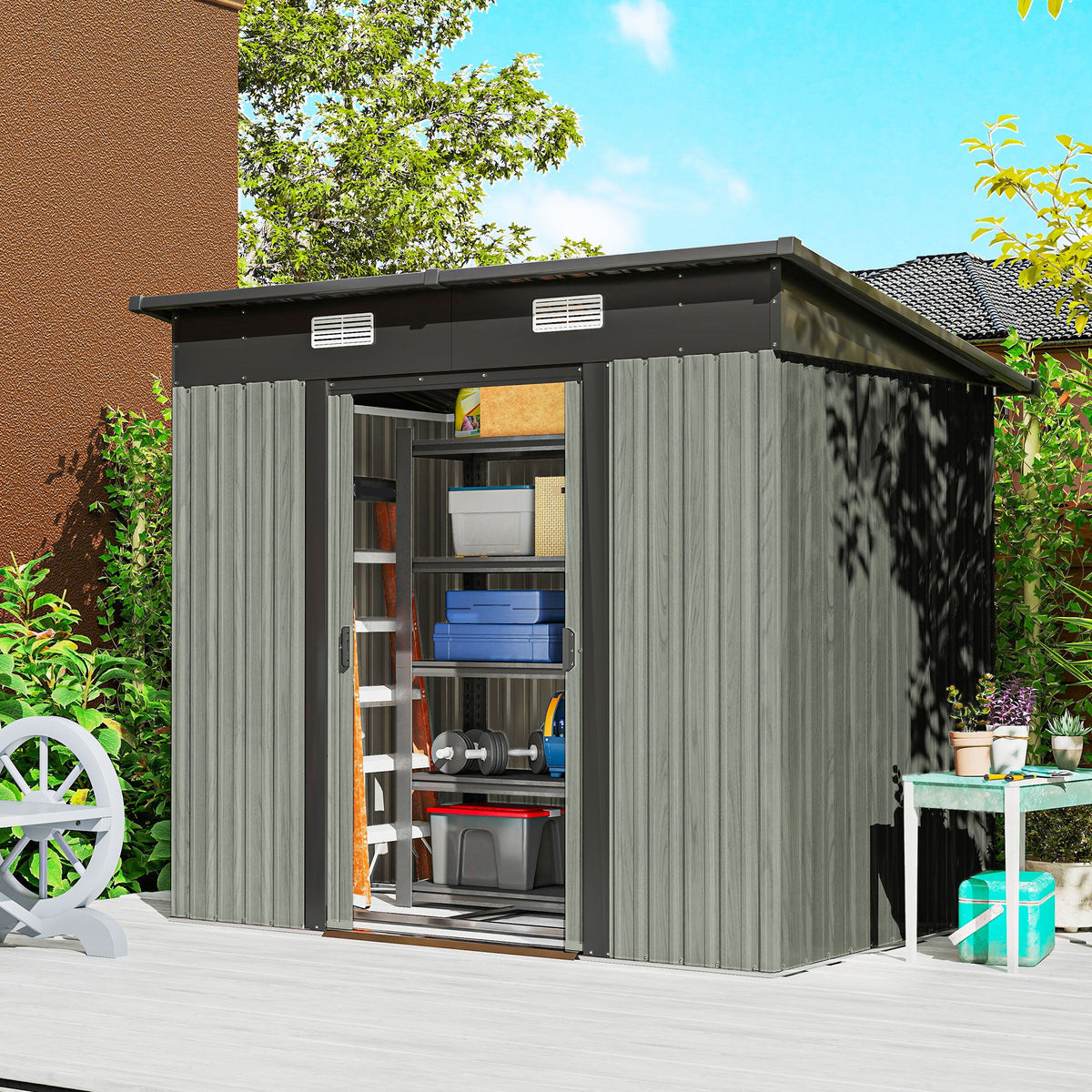 7 x 4 ft Lean-To Metal Shed with Foundation Kit for Bike & Mower, Light Grey — product view 4