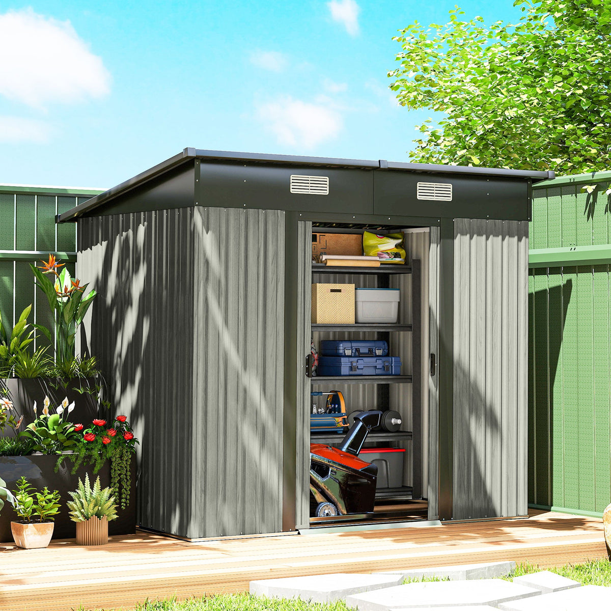 7 x 4 ft Lean-To Metal Shed with Foundation Kit for Bike & Mower, Light Grey — product view 3